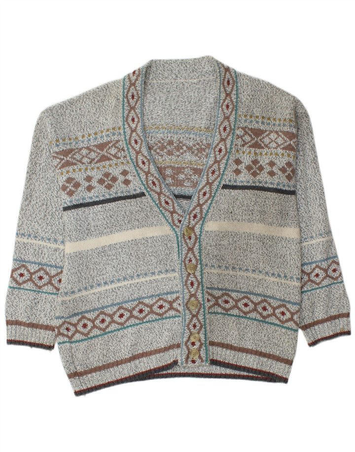 VINTAGE Hombres Cardigan Suéter Medio Gris Fair Isle