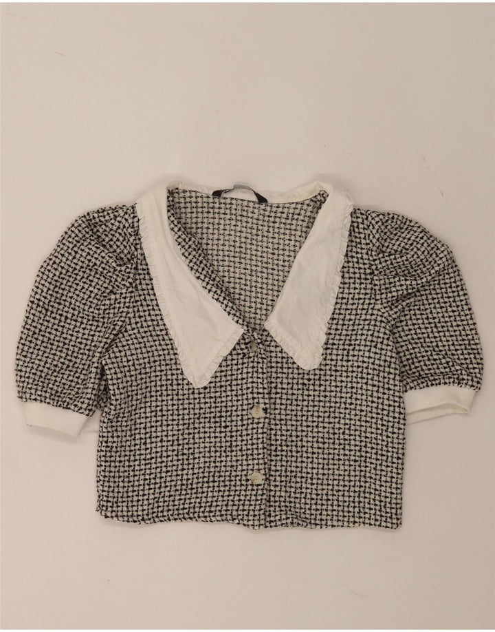 Zara Mujer Blusa Corta Camisera UK 42 Mediana Negra Moteada