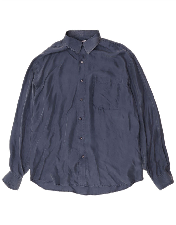 Camisa vintage para hombre grande de seda azul marino