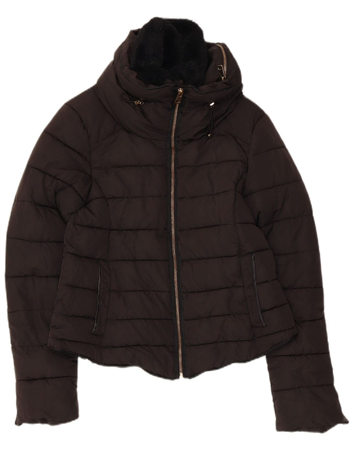 Zara Mujer Chaqueta Acolchada Con Capucha UK 10 Small Poliéster Negro