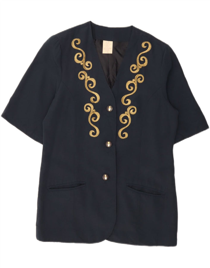 VINTAGE Mujer Manga Corta 3 Botones Blazer Chaqueta EU 38 Azul Marino Medio