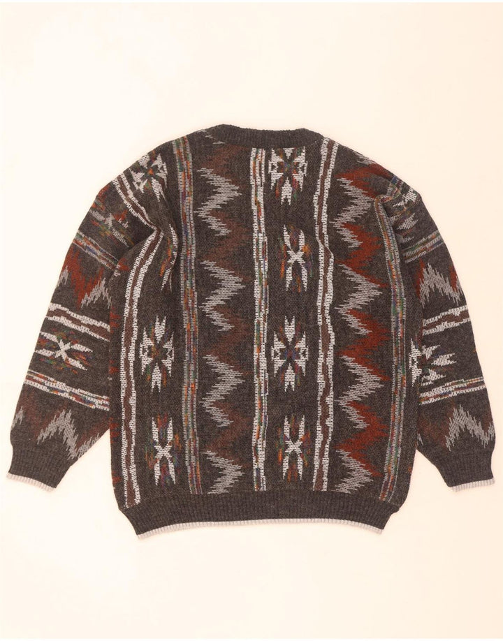 Vintage hombres cuello redondo jersey suéter medio gris geométrico