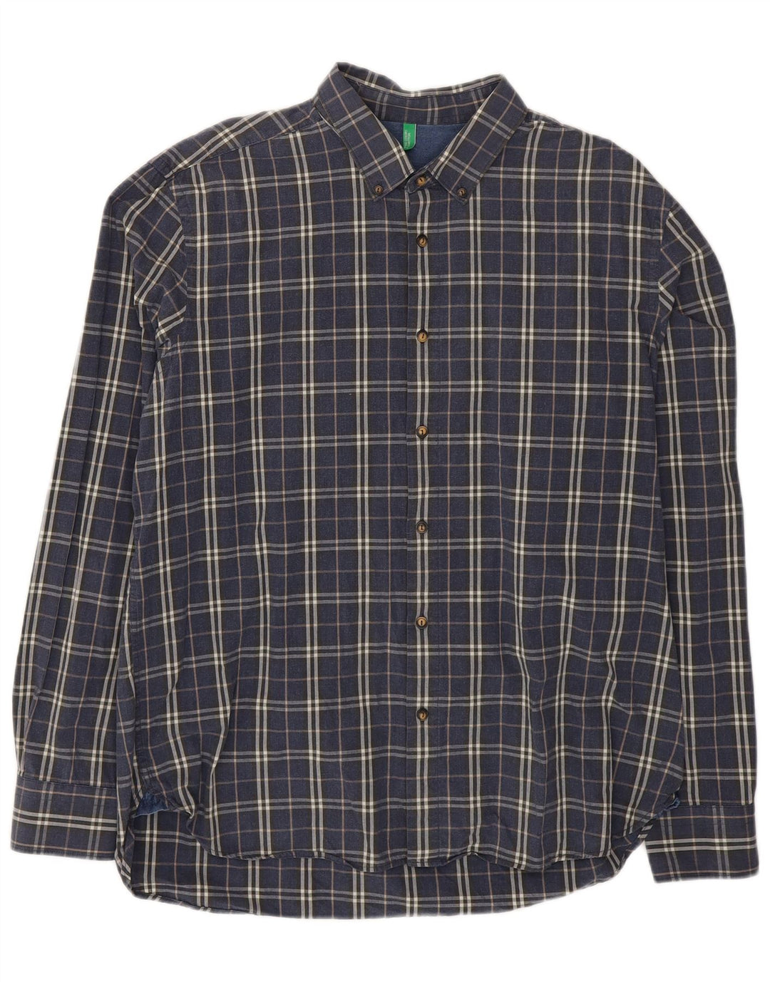 Camisa Benetton Hombre 2XL Algodón A Cuadros Azul Marino