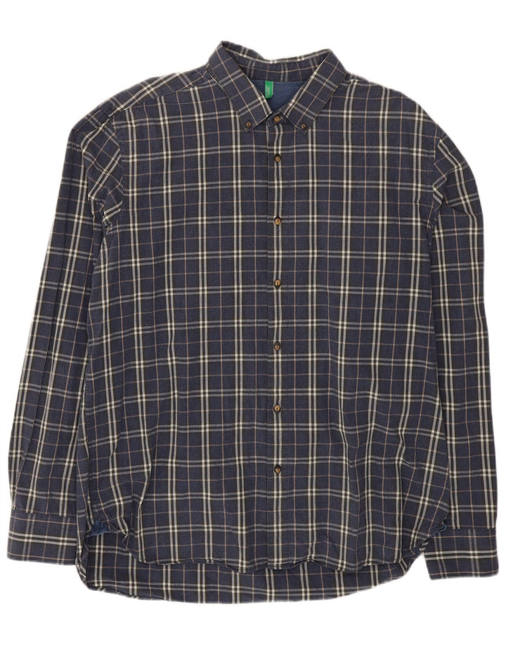 Camisa Benetton Hombre 2XL Algodón A Cuadros Azul Marino