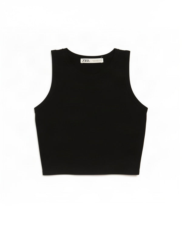 Zara Mujer Crop Vest Top UK 42 Medium Viscosa Negra