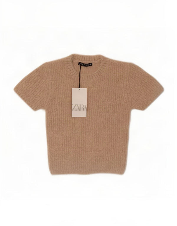 Zara Mujer Crop Manga Corta Cuello Redondo Jersey Jersey UK 8 Small Beige