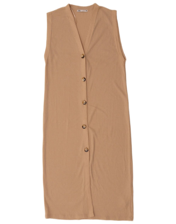 Zara Mujer Vestido Jersey Sin Mangas UK 40 Pequeño Poliéster Beige