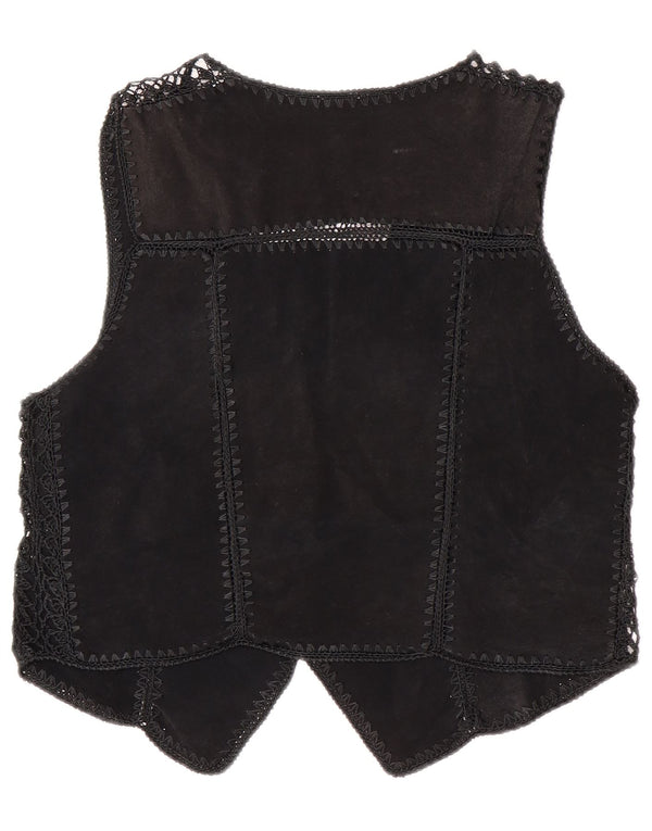 Vintage mujer crop ante chaleco Reino Unido 14 medio negro patchwork