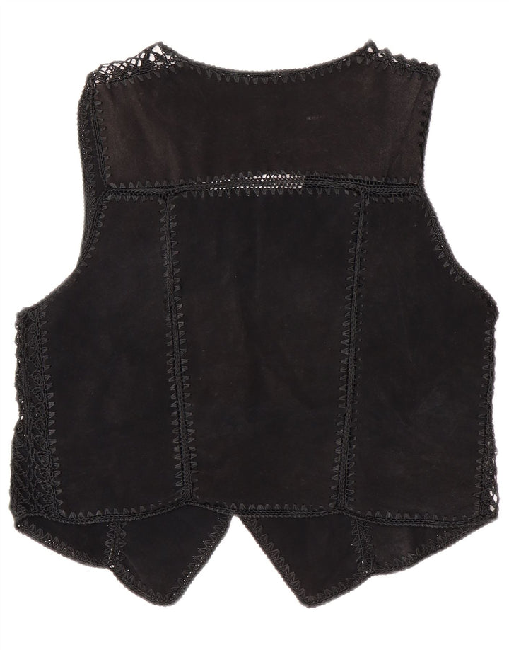 Vintage mujer crop ante chaleco Reino Unido 14 medio negro patchwork