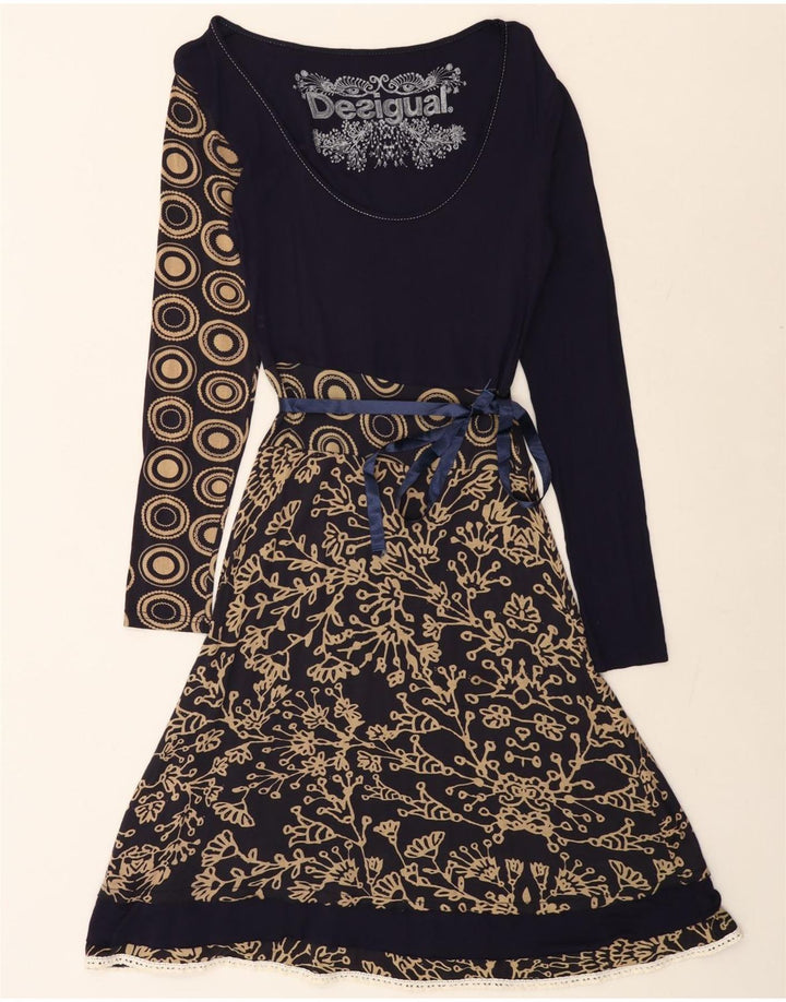 DESIGUAL Vestido acampanado gráfico para mujer UK 40 Mediano Azul marino Floral