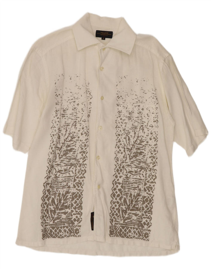 Camisa Islandia Hombre Manga Corta Lino Geométrico Blanco Mediano