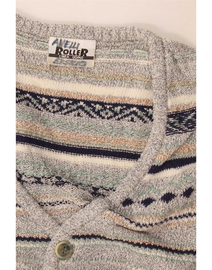 Vintage hombres sin mangas cardigan suéter medio gris rayas lino