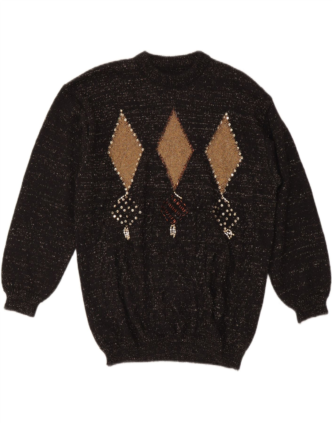 VINTAGE Mujer Crew Neck Jumper Suéter Reino Unido 14 Medio Negro Argyle/Diamond