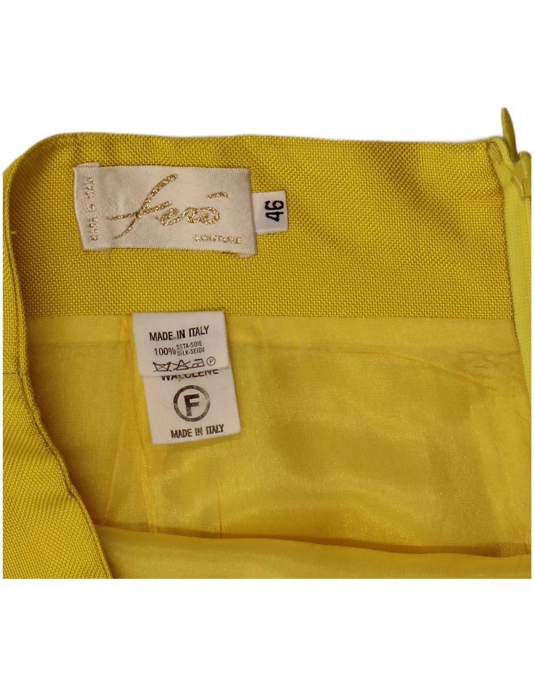 Vintage mujer 4 botones 2 piezas falda conjunto IT 46 grande W32 seda amarilla