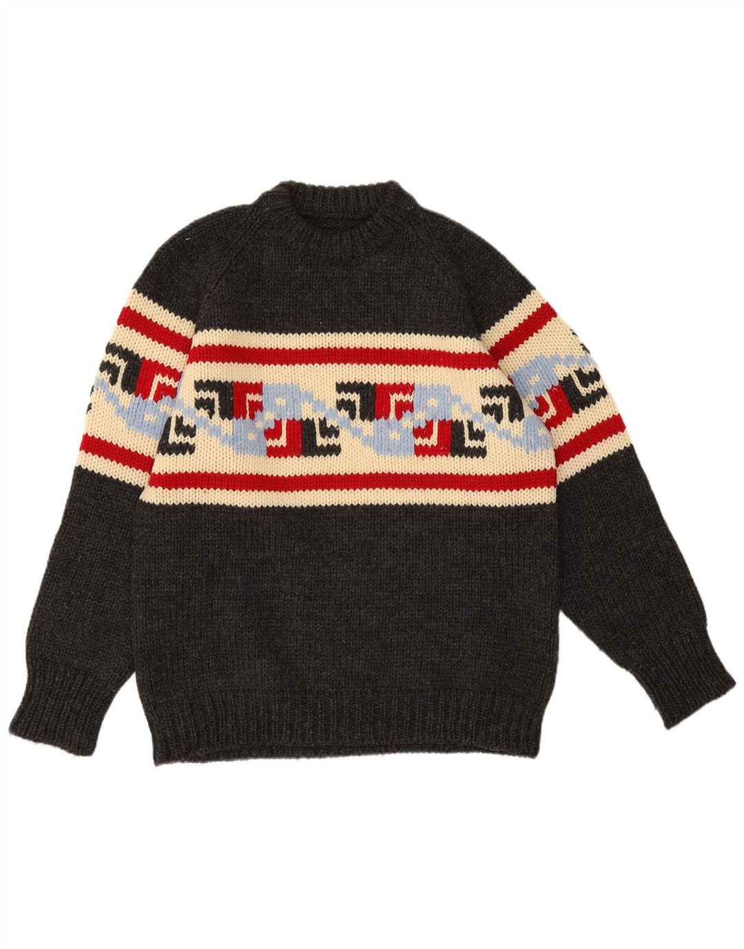 Vintage hombres cuello redondo jersey suéter medio gris geométrico