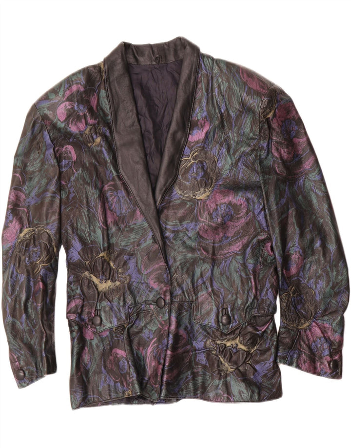 VINTAGE Chaqueta de cuero para mujer Reino Unido 16 Cuero floral negro grande
