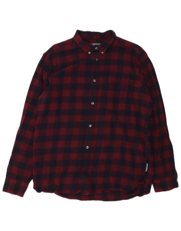 French Connection Camisa de franela para hombre 2XL Algodón a cuadros color burdeos