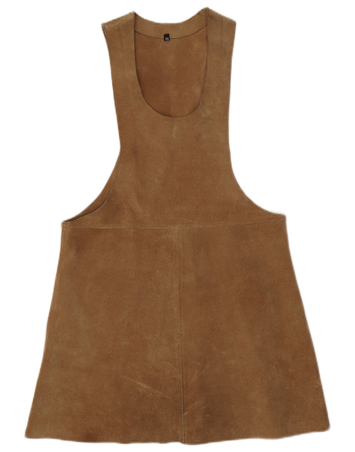 Vintage mujer ante pinafore vestido EU 38 marrón medio