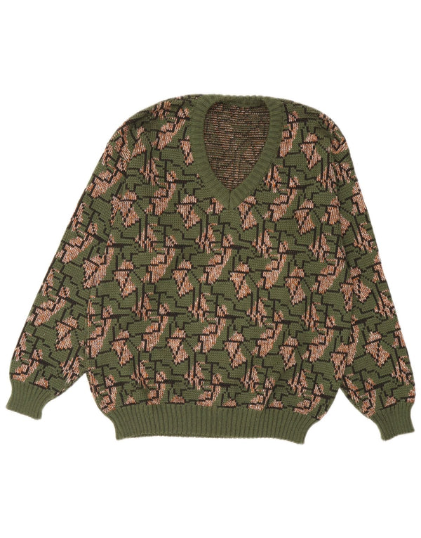 Vintage hombres V-cuello jumper suéter IT 52 grande verde geométrico