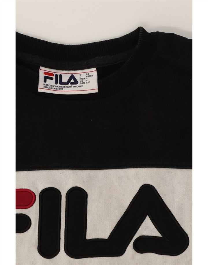 FILA Mens Graphic Sweatshirt Jumper Small Black Colourblock Cotton Vintage Fila and Second-Hand Fila from Messina Hembry 