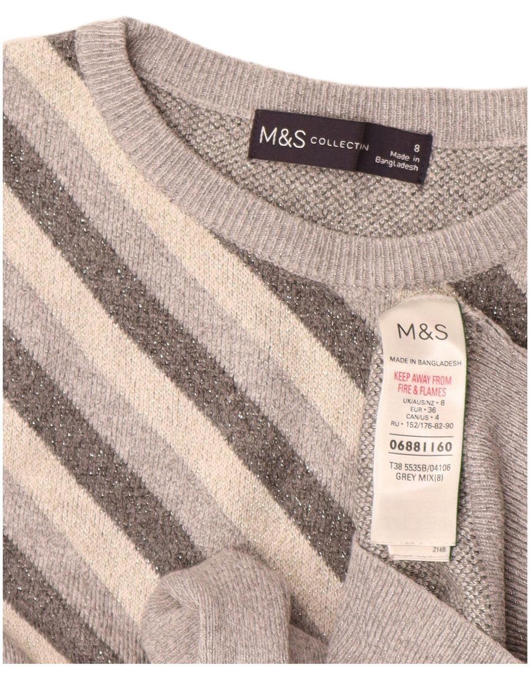 Marks & Spencer Jersey de Cuello Redondo para Mujer UK 8 Small Gris Rayas