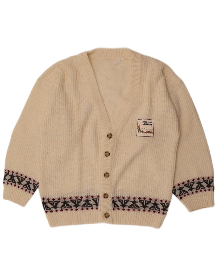 Vintage hombres Cardigan suéter medio blanco Fair Isle