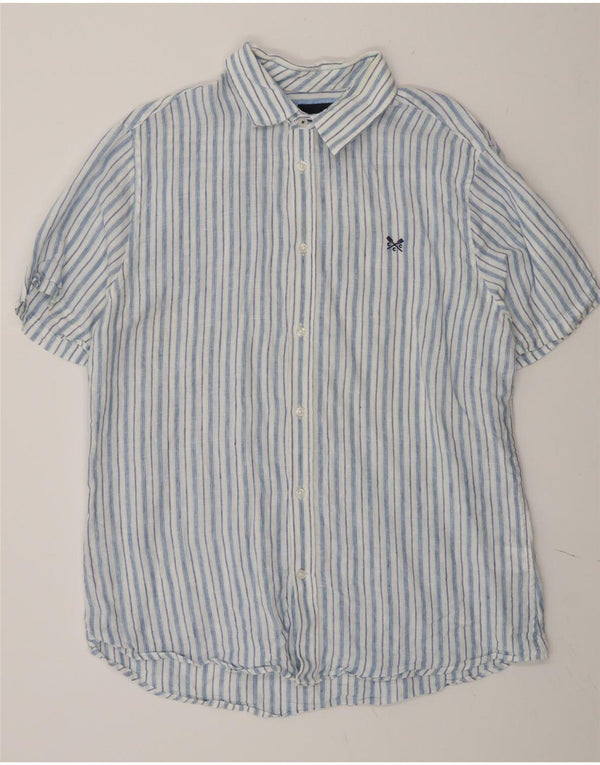 Crew Clothing Camisa de manga corta para hombre de lino a rayas azules grandes