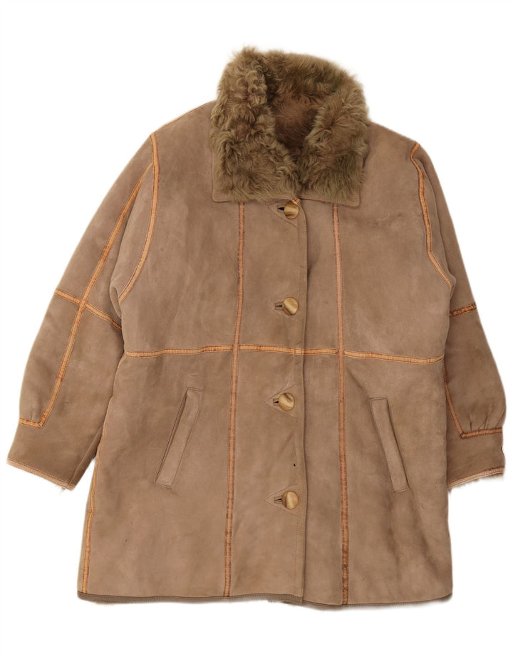 VINTAGE Abrigo de piel de oveja para mujer Reino Unido 16 Marrón grande