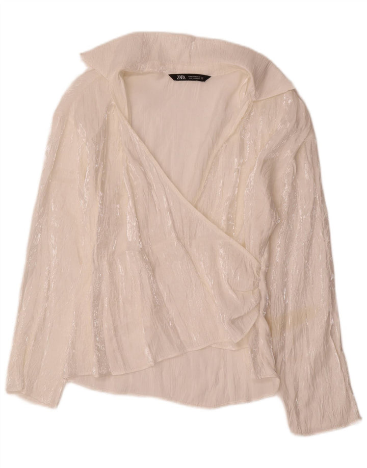 Zara Mujer Blusa De Manga Larga Top UK 42 Medio Viscosa Blanca