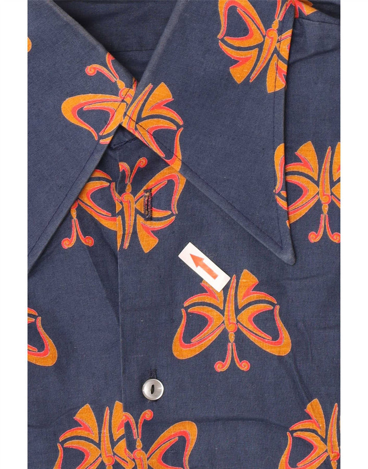 Camisa vintage para hombre con estampado abstracto, mariposa grande de algodón azul marino
