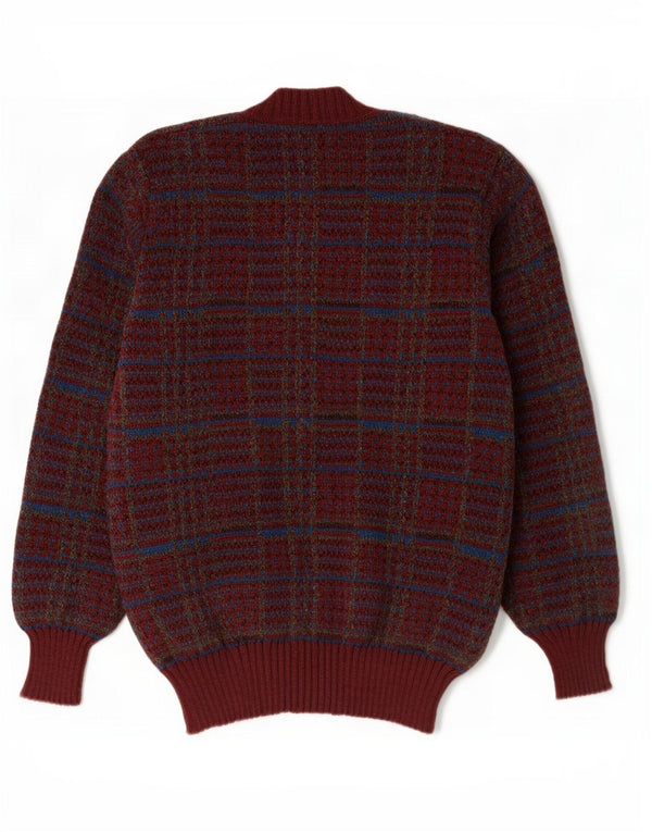 Vintage hombres Cardigan suéter grande Borgoña Check