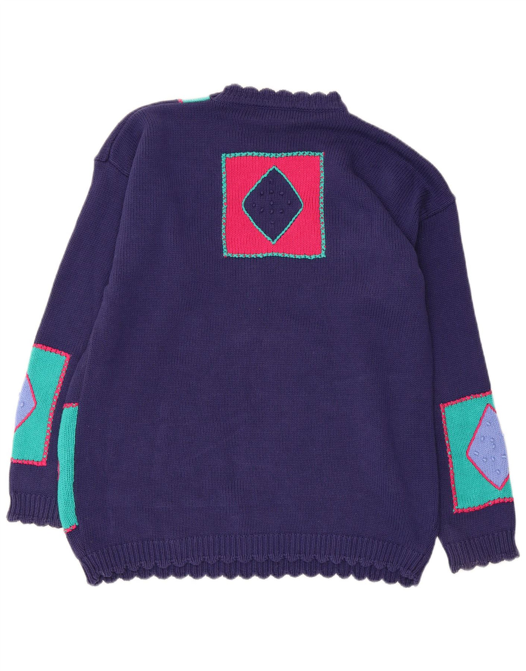 VINTAGE Mujer Crew Neck Jumper Suéter Reino Unido 14 Medio Azul Marino Patchwork
