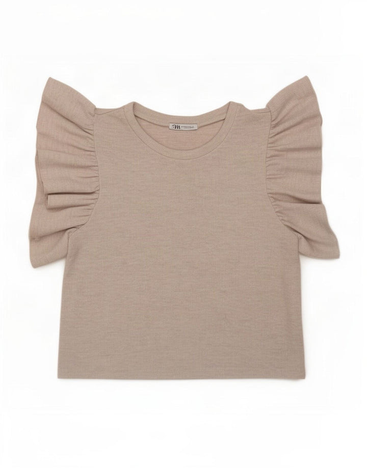 Zara Mujer Crop Camiseta Top UK 42 Medio Beige Poliéster