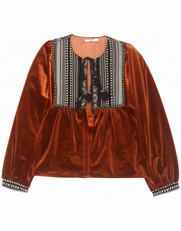 Vintage mujer Cardigan Top Reino Unido 16 poliéster geométrico marrón grande