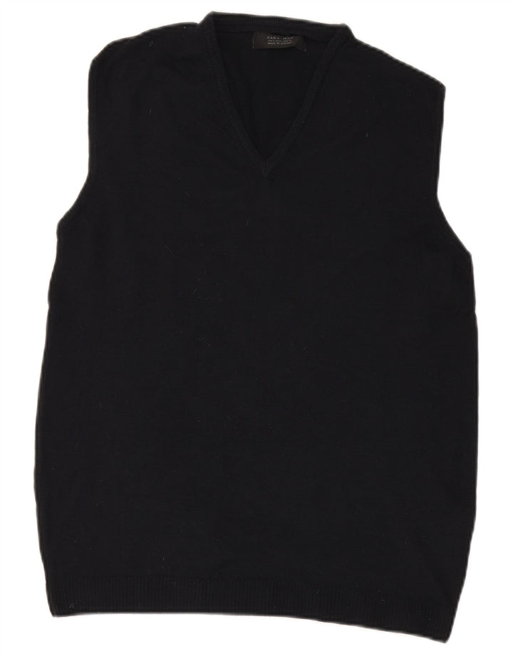 ZARA Hombre Chaleco Tank Top Large Lana Azul Marino