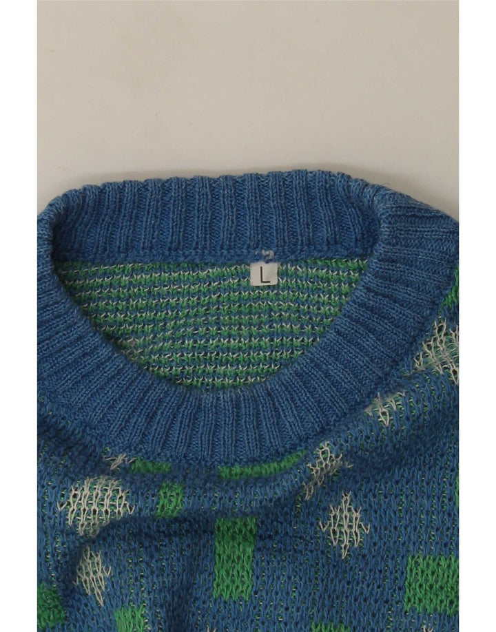 Vintage hombres cuello redondo jersey suéter grande azul geométrico