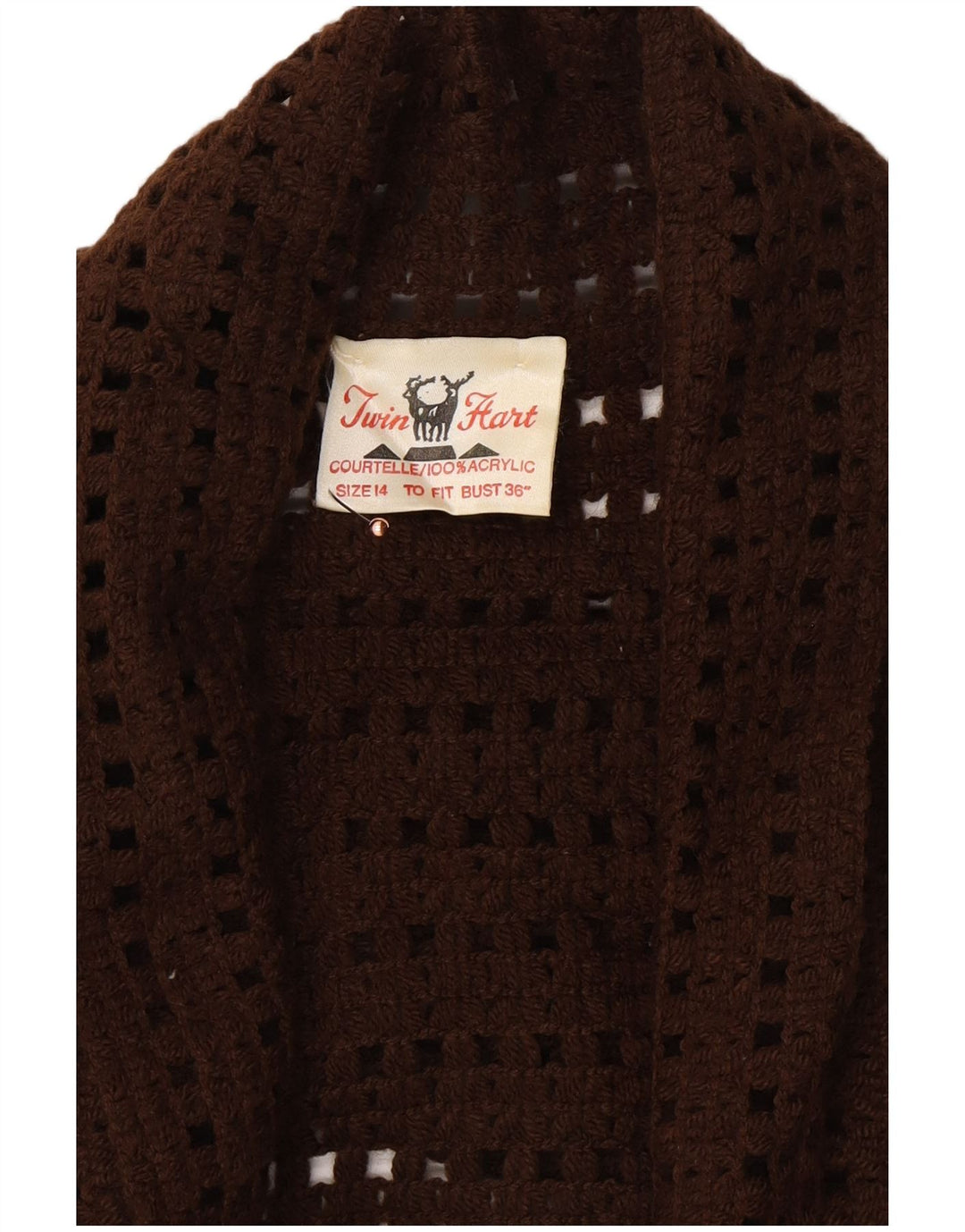VINTAGE Mujer Crochet Cardigan Suéter Reino Unido 14 Grande Marrón Acrílico