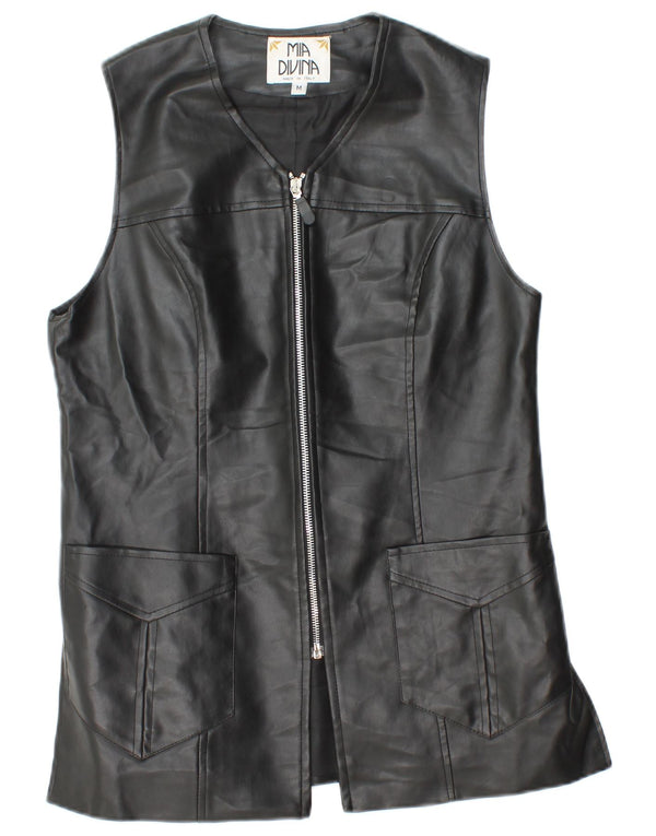 Vintage mujer cuero Gilet Reino Unido 12 Medio Negro