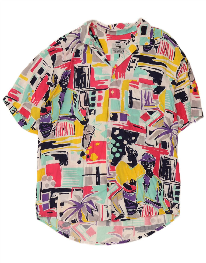 Vintage hombres gráfico manga corta camisa medio multicolor patchwork