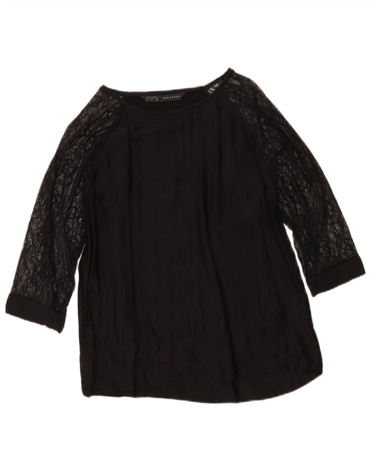 Zara Mujer Top Manga 3/4 UK 46 Grande Viscosa Negra