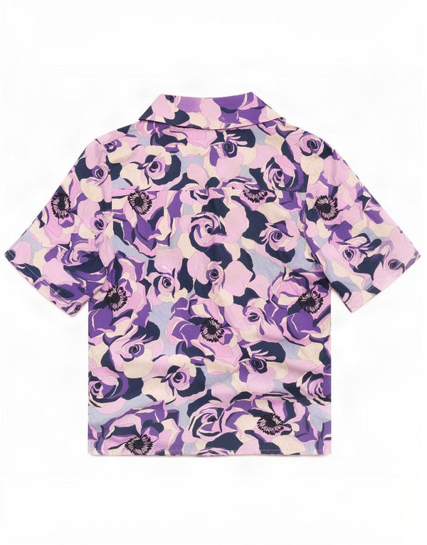Blusa camisera de manga corta vintage para mujer UK 42 Seda floral violeta medio