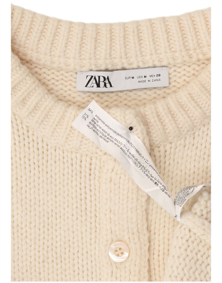 Zara Mujer Crop Cardigan Suéter UK 12 Medium Off White Poliamida