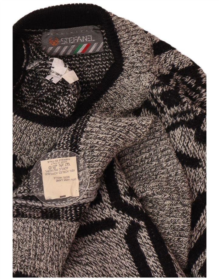 Stefanel Jersey De Cuello Redondo Para Hombre Jersey De Lana Geométrica Gris Grande