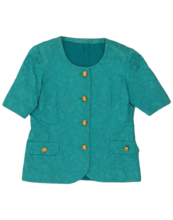 Vintage mujeres abstractas 4 botones 2 piezas falda conjunto Reino Unido 14 turquesa medio