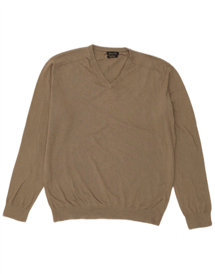 Massimo Dutti Hombre Jersey Cuello Pico Large Caqui Algodón