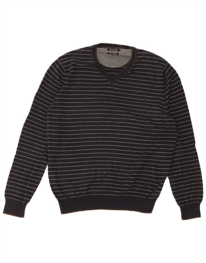 Jersey Massimo Dutti Hombre Cuello Pico Algodón Rayas Azul Marino Medio