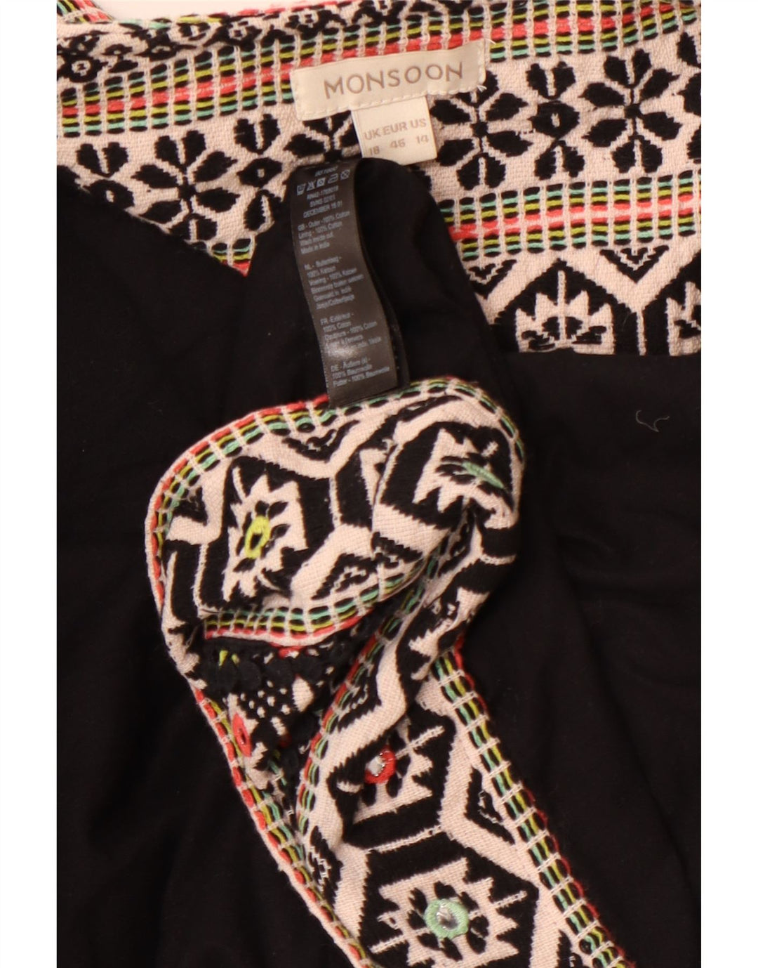 MONSOON Chaqueta Bolero Abierta para Mujer UK 40 XL Algodón Geométrico Negro