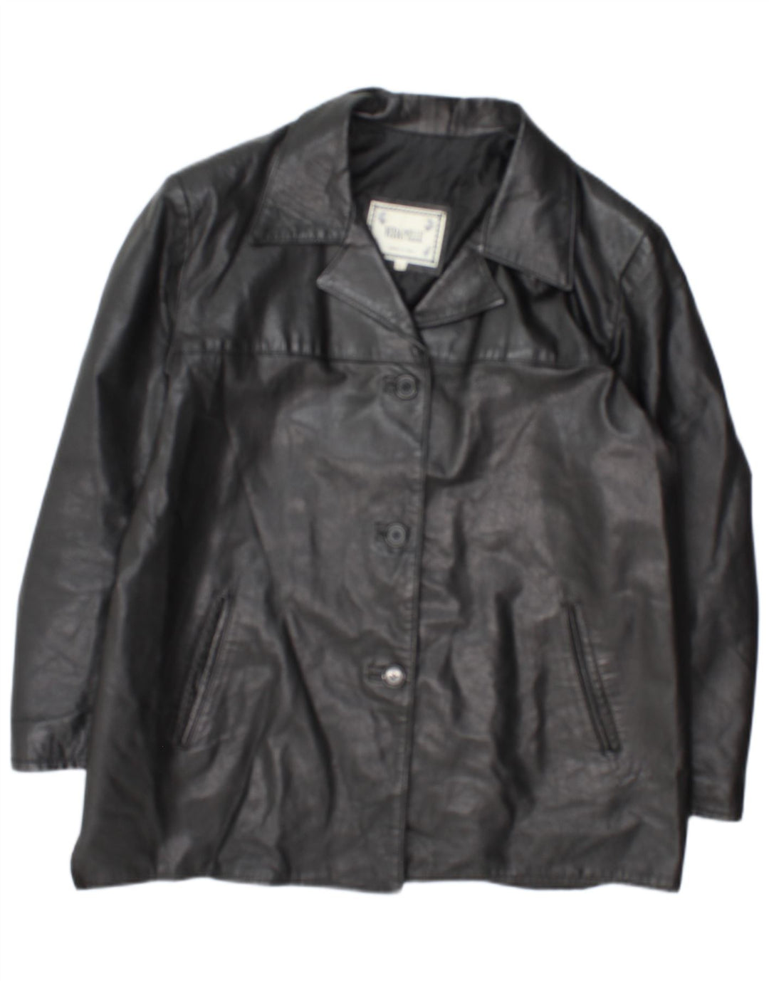 Vintage mujer 3 botones cuero Blazer chaqueta Reino Unido 18 XL cuero negro
