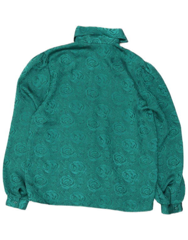 Vintage mujer frente corbata camisa blusa Reino Unido 12 medio verde floral poliéster