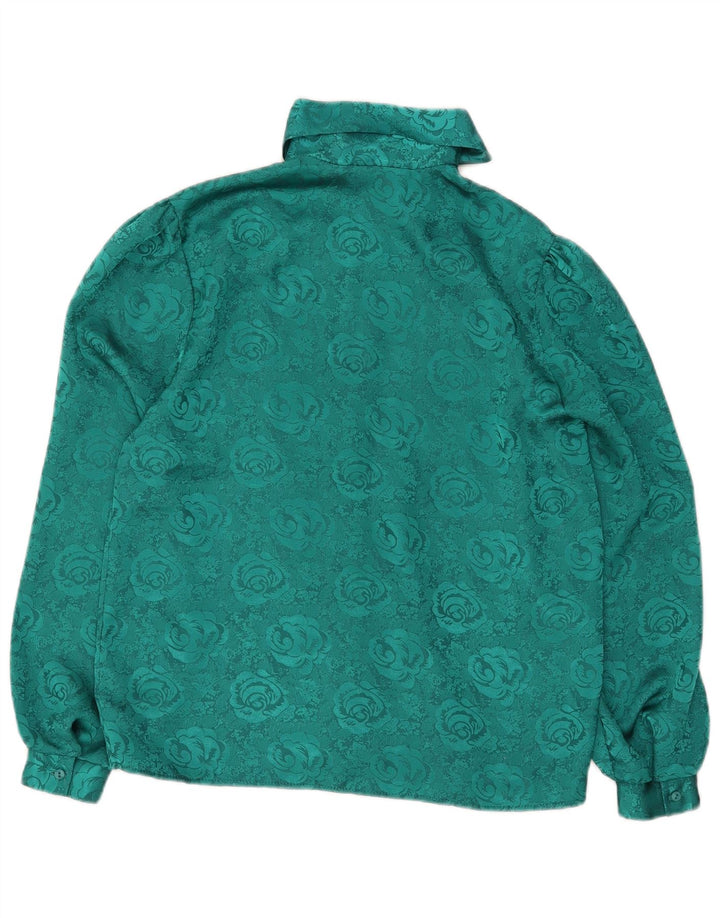 Vintage mujer frente corbata camisa blusa Reino Unido 12 medio verde floral poliéster